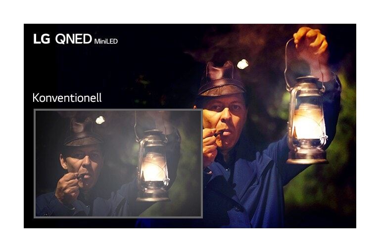 Dunkle Szene mit einem Mann, der eine Lampe hält. Der Ausschnitt unten links zeigt das Bild auf einem konventionellen Fernseher mit Halo-Effekt und weniger klaren Farben, das größere, das kleinere umgebende Bild zeigt die Szene auf dem LG QNED Mini LED.