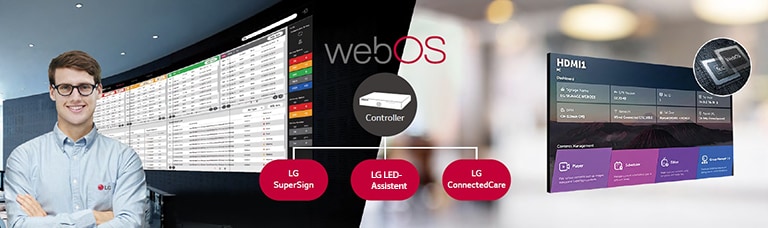 Der LG-Mitarbeiter überwacht die an einem anderen Ort installierte LWBC-Serie aus der Ferne, indem er eine cloudbasierte LG-Überwachungslösung nutzt. Der Systemcontroller mit webOS ermöglicht die Kompatibilität der LWBC-Serie mit den Softwarelösungen von LG.