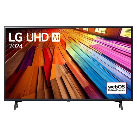 Vorderansicht des LG UHD TV, UT80 mit Text von LG UHD AI ThinQ und 2024 auf dem Bildschirm