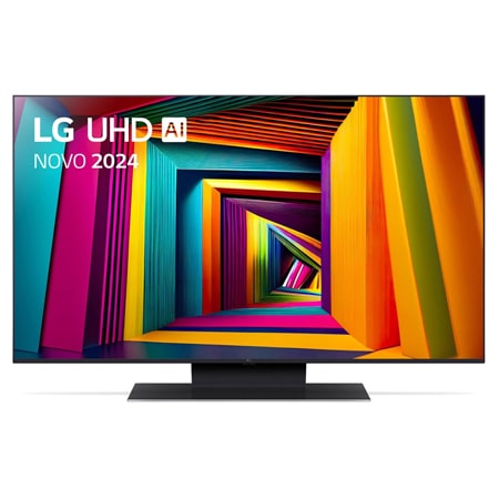 Vorderansicht des LG UHD Fernsehers, UT90 mit Text von LG UHD AI ThinQ und 2024 auf dem Bildschirm