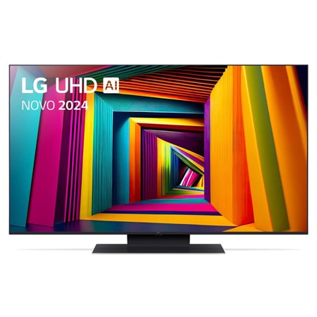 Vorderansicht des LG UHD Fernsehers, UT90 mit Text von LG UHD AI ThinQ und 2024 auf dem Bildschirm