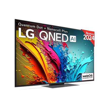 Ansicht der Vorderseite des LG QNED TV, QNED85 mit Text LG QNED und 2024 auf dem Bildschirm