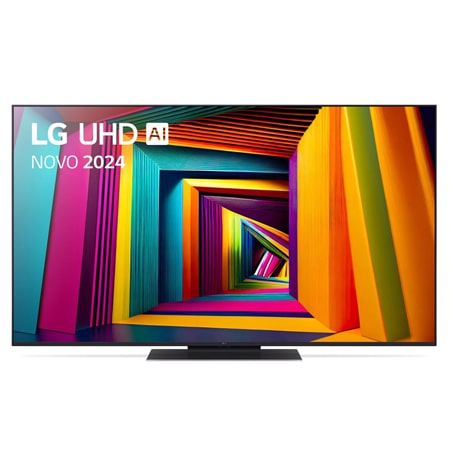 Vorderansicht des LG UHD Fernsehers, UT90 mit Text von LG UHD AI ThinQ und 2024 auf dem Bildschirm