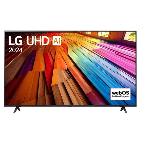 Vorderansicht des LG UHD TV, UT80 mit Text von LG UHD AI ThinQ und 2024 auf dem Bildschirm