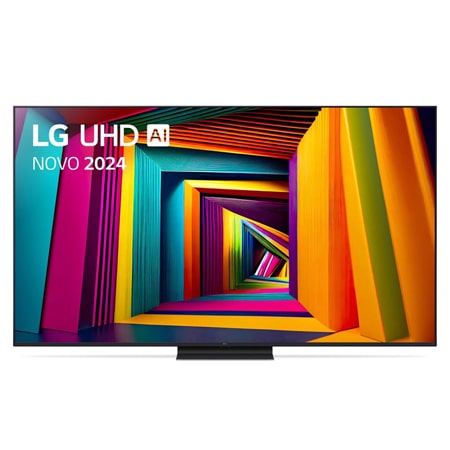 Vorderansicht des LG UHD Fernsehers, UT90 mit Text von LG UHD AI ThinQ und 2024 auf dem Bildschirm