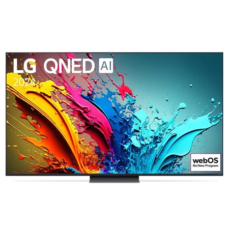 Ansicht der Vorderseite des LG QNED TV, QNED91 mit Text LG QNED MiniLED und 2024 auf dem Bildschirm