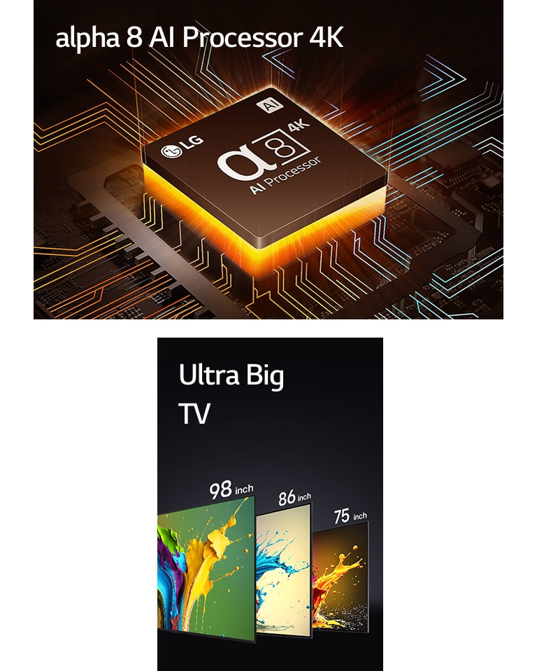 Der alpha 8 KI-Prozessor 4K zeigt ein orangefarbenes Licht, das von der Unterseite ausgeht. LG QNED89, QNED90 und QNED99 Fernseher werden in der Reihenfolge von links nach rechts gezeigt. Jeder Fernseher zeigt bunte Farbtupfer und die Worte „Ultra Big TV“ sind über den Fernsehern zu sehen.