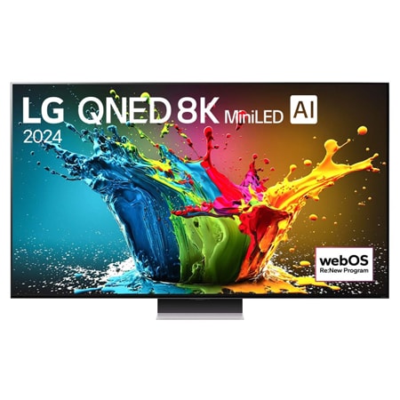 Ansicht der Vorderseite des LG QNED TV, QNED99 mit Text LG QNED MiniLED und 2024 auf dem Bildschirm