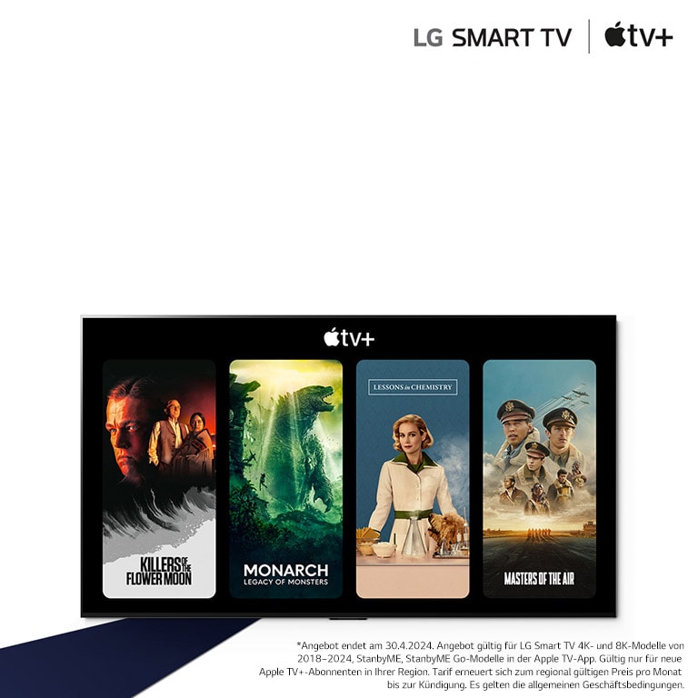 Bild eines LG OLED TVs. Auf dem Bildschirm sind Apple TV+-Inhalte zu sehen und die Überschrift lautet „Jetzt 3 Monate Apple TV+ kostenlos mit LG Smart TVs.“
