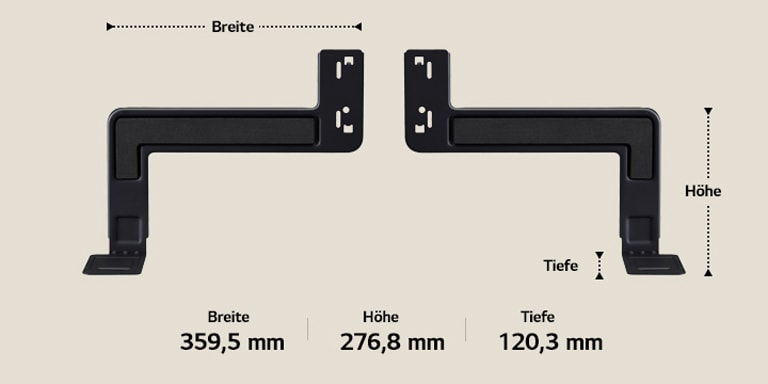 Zwei Komponenten der WOW Bracket längs vor einem beigen Hintergrund. Die Breite, Höhe und Tiefe sind angegeben und werden durch Pfeile angezeigt. Unten sind die folgenden Spezifikationen abgebildet: Breite 359,5 mm, Höhe 276,8 mm, Tiefe 120,3 mm.