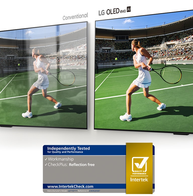 Links ist ein herkömmlicher Fernseher zu sehen, der einen Tennisspieler in einem Stadion zeigt – die Reflexion des Raumes ist deutlich erkennbar. Rechts zeigt ein LG OLED evo AI G4 dasselbe Bild eines Tennisspielers in einem Stadion ohne Reflexion des Raumes. Außerdem erscheint das Bild leuchtender und farbenfroher.