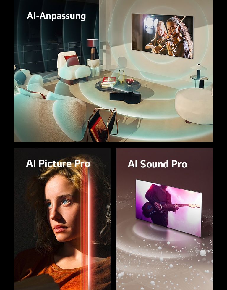 Wir sehen den LG OLED in einem modernen Wohnraum, der eine Musikaufführung auf dem Bildschirm zeigt. Blaue kreisförmige Wellen, die eine Personalisierung darstellen, umgeben den Fernseher und den Raum.  Eine Frau mit durchdringenden blauen Augen und einem orangen Oberteil ist in einem dunklen Raum zu sehen. Rote Linien, die KI-Verfeinerungen darstellen, bedecken teilweise ihre hellen, detaillierten Gesichtszüge, während der Rest des Bildes eher glanzlos wirkt.   Ein LG OLED TV ist zu sehen sowie Schallblasen und -wellen, die vom Bildschirm aus gehen und den Raum füllen.