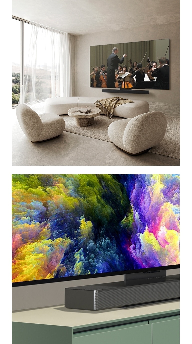 Eine schräge Perspektive der unteren Ecke eines LG OLED evo TV C4 mit einem abstrakten Kunstwerk auf dem Bildschirm. Der OLED evo C4 und eine LG Soundbar in einem sauberen Wohnraum flach an der Wand mit einer Orchesteraufführung auf dem Bildschirm.