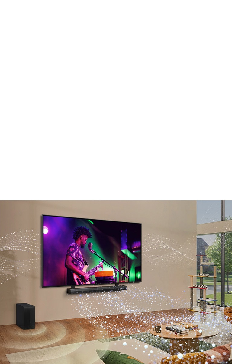 Ein Fernseher und eine Soundbar von LG, die in einem Wohnzimmer an der Wand montiert sind, und Grafiken in hellen Formen überall im Raum.