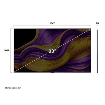 Frontansicht und Seitenansicht des LG OLED evo AI G5 4K Smart TV mit den Abmessungen der Länge, Breite, Höhe und Tiefe.