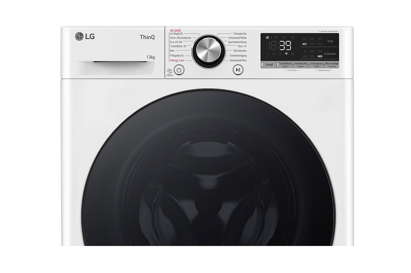 LG Waschmaschine mit 13 kg Kapazität | EEK A | 1.400 U./Min. | Weiß mit schwarzem Bullaugenring | F4WR703Y, F4WR703Y