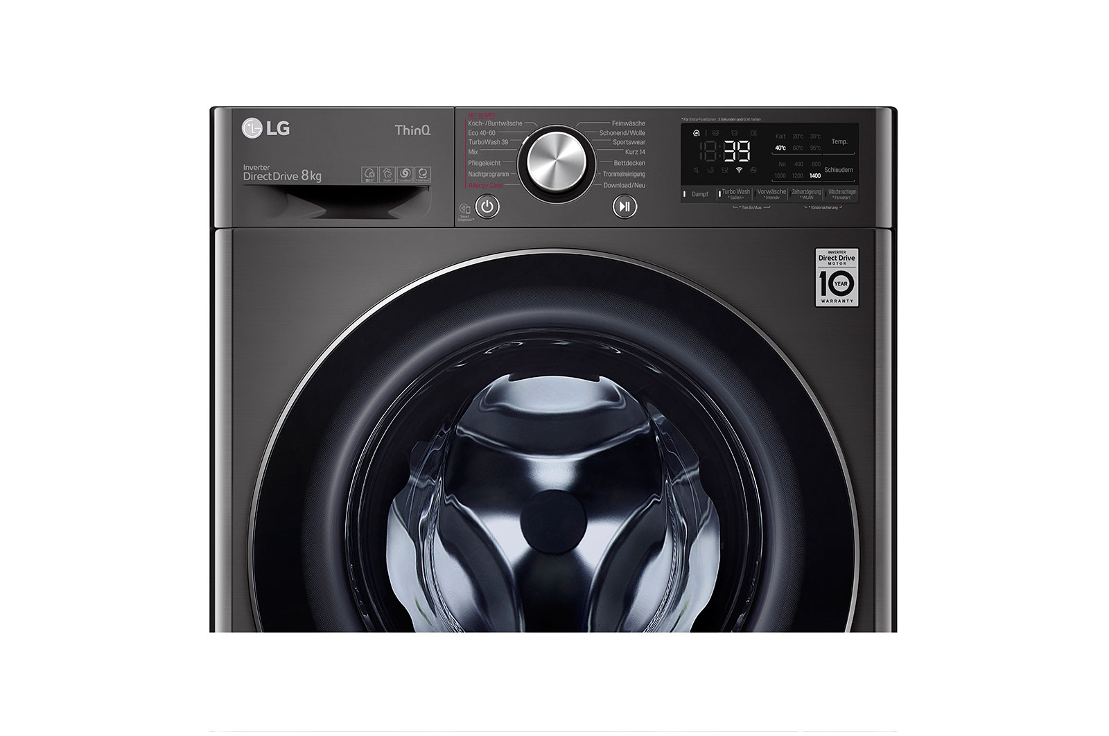 LG Waschmaschine mit 8 kg Kapazität | EEK A | 1.400 U./Min. | Metallic Black Steel mit Chromring Bullauge | F4WV708P2BA, F4WV708P2BA