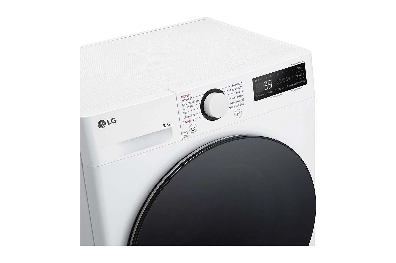 LG Waschtrockner mit 1.200 U./Min. | EEK A/E | 9 kg Waschen | 5 kg Trocknen | Weiß mit schwarzem Bullaugenring | V5WD95SLIM, V5WD95SLIM