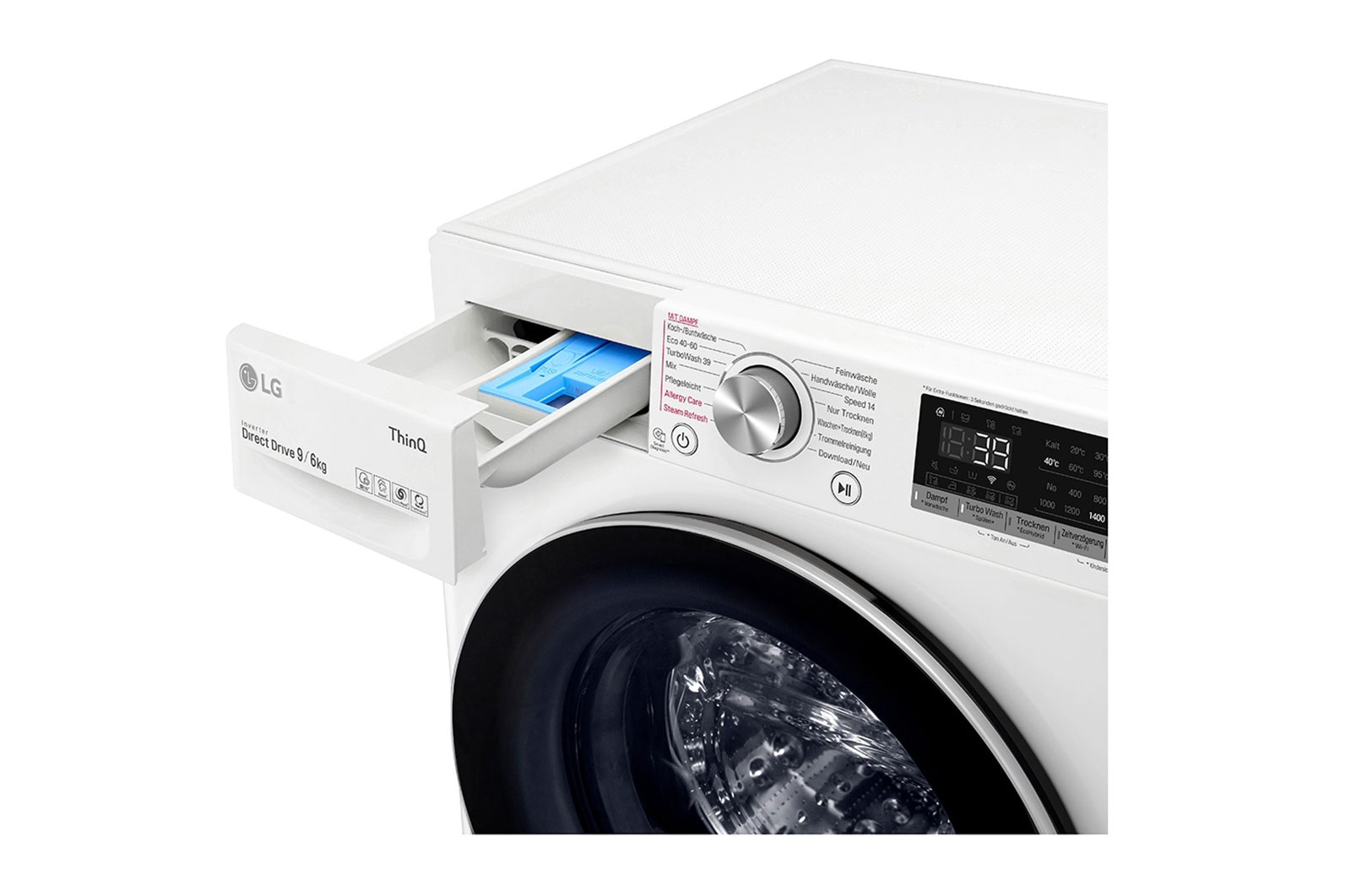 LG Waschtrockner mit AI DD™ | 9 KG Waschen | 6 KG Trocknen | 1400 U/Min | Steam | TurboWash™ 360° | Neue Wohlfühl-Trommel | Wi-Fi-Funktion | LG V7WD906A, V7WD906A