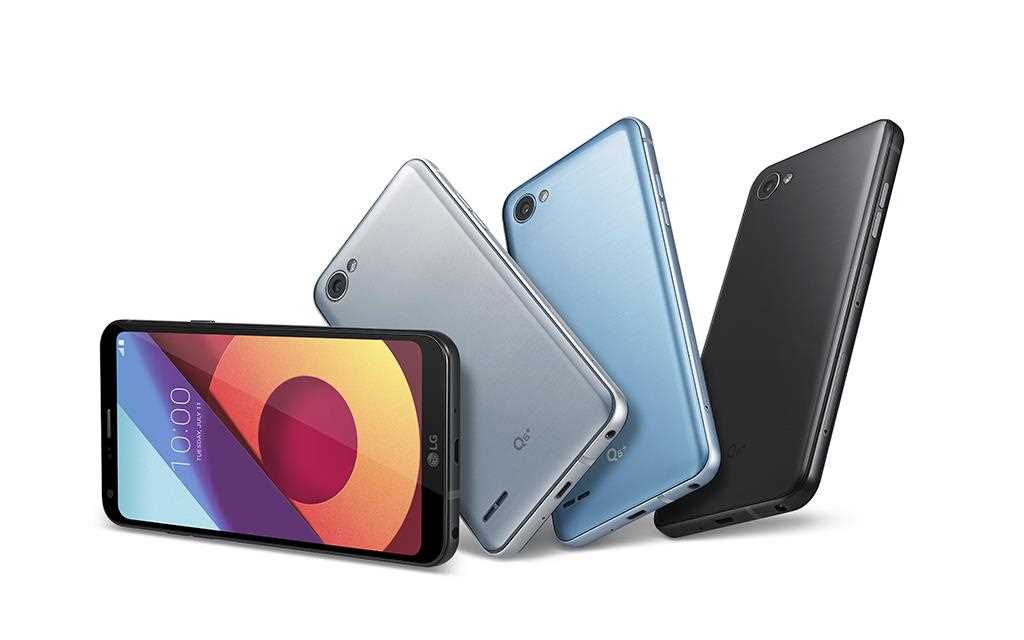 A group photo of LG Q6 product in astro black, ice platinum, Mystic White, Terra Gold set in a dynamic angle.