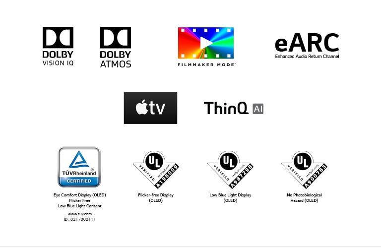 Die Marke von DOLBY VISION IQ, Die Marke von DOLBY ATMOS, Die Marke von FILMMAKER MODE, Die Marke von eARC, Die Marke von Apple TV, Die Marke von LG ThinQ, Die Marke von TÜV Rheinland, Die Marke von UL Verification