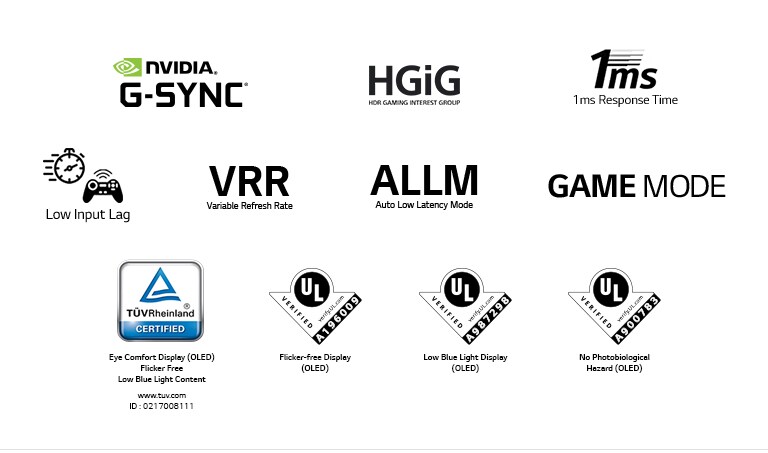 Das Logo von NVIDIA G-SYNC, Das Logo von HGIG, Das Zeichen von 1ms Reaktionszeit, Das Zeichen eines niedrigen Input-lags, Das Zeichen der variablen Aktualisierungsrate, Das Kennzeichen des automatischen Modus mit niedriger Latenz, Das Zeichen des GAME MODE, Das Zeichen des TÜV Rheinland, Das Zeichen der UL-Prüfung