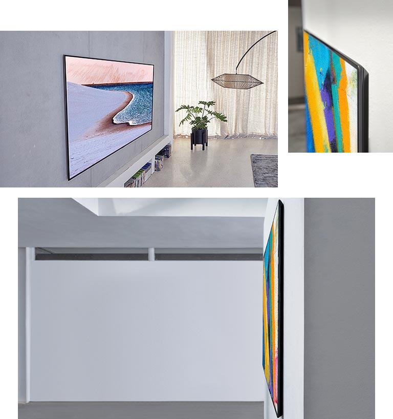 Seitenansicht eines an der Wand montierten Fernsehers in einem Wohnzimmer, der ein Kunstwerk zeigt.<br>Detailansicht eines an der Wand angebrachten Fernsehers, der ein Kunstwerk zeigt.<br>Komplette Seitenansicht eines an der Wand angebrachten Fernsehers, der ein Kunstwerk zeigt.