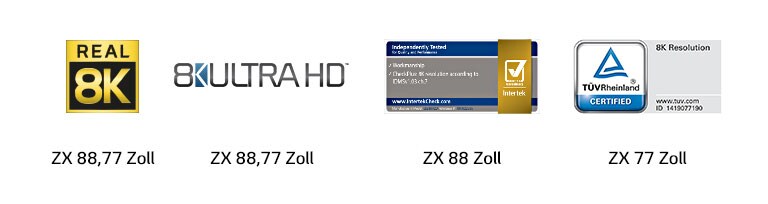 Logo von Real 8K<br>Logo von 8K ULTRA HD<br>Logo von Intertek<br>Logo vom TÜV Rheinland