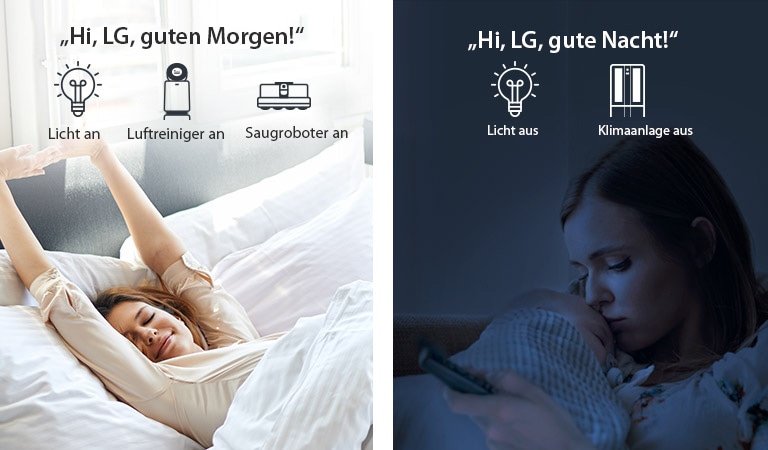 Im Bett liegende Frau, die morgens ausgeruht erwacht (links) und rechts, wie sie nachts ihr Baby im Arm hält