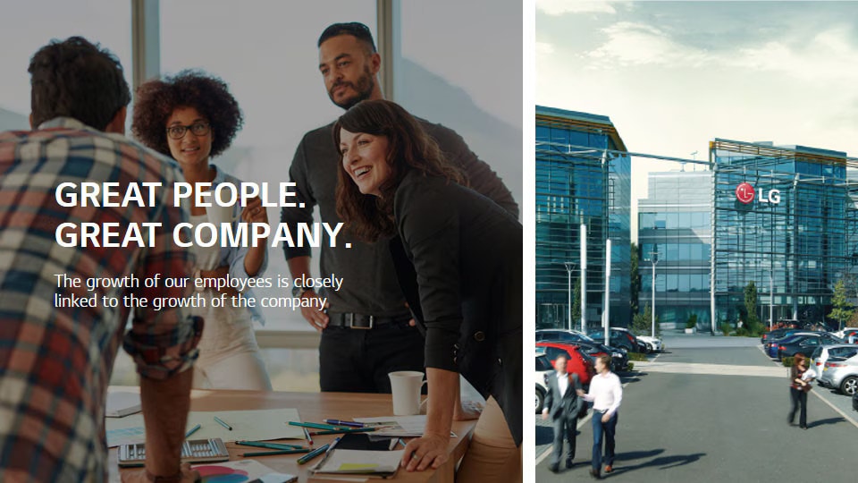 Links im Bild sind vier Personen um einen Tisch versammelt. Rechts im Bild das LG Electronic UK Bürogebäude. Der Text liest &quot;Great People. Great Company. Der Wachstum unserer Mitarbeiter und unserer Firma ist eng verknüpft.