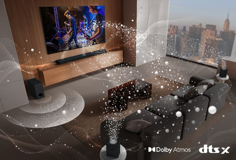 LG Soundbar, LG TV and a subwoofer are in a living room of a skyscraper, playing a musical performance. White soundwaves made up of droplets project from the soundbar, looping around the sofa. A subwoofer is creating a sound effect from the bottom. Dolby Atmos logo DTS X logo