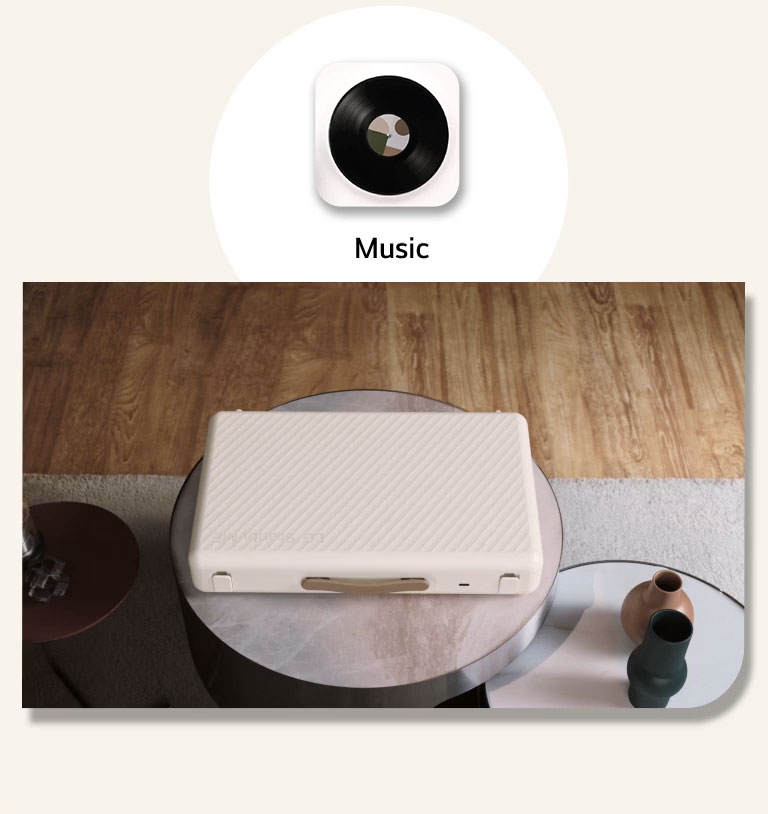 Animated clip of the LG StanbyME Go, placed in the living room. In the beginning the screen is closed. As the camera moves forward the screen opens, and the camera zooms in to the home screen. The screen swipe to left, a coach mark appers on the Music icon. And it shows a green turntable music skin, and the camera zooms out. 