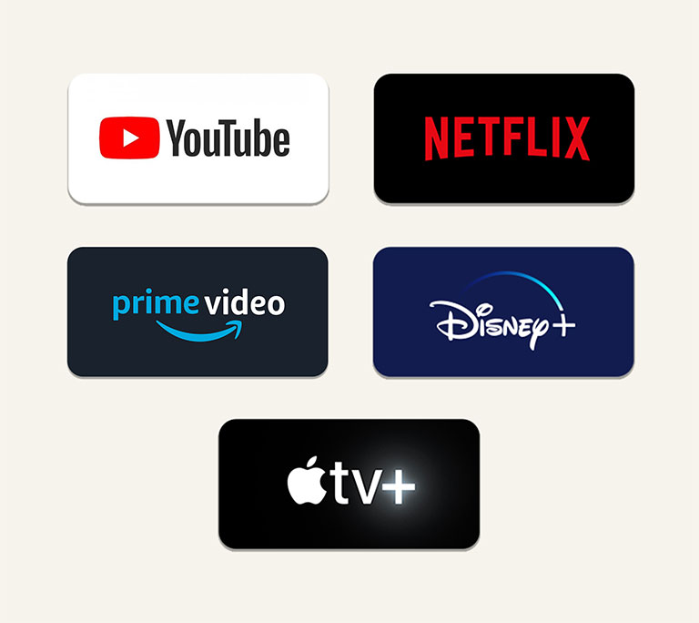 OTT streaming services icon are placed in a row. From left-top; Netflix, Amazon Prime Video, HBO NOW,YouTubeTV, Disney+. And Apple TV+.