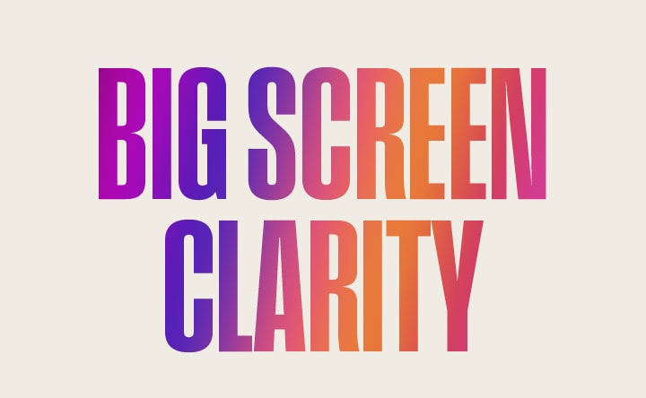 The words 'THE BIGGER, THE CLEARER' in a bright purple and peach gradient pattern. 