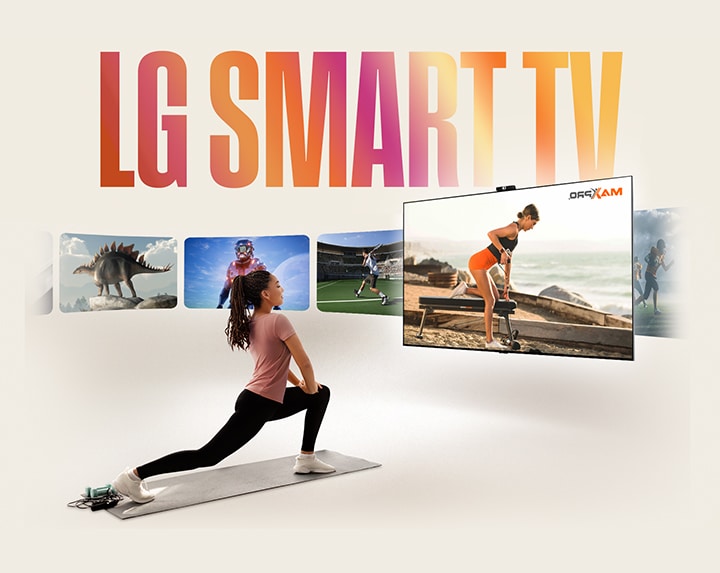 The words "LG SMART TV' in an orangey-yellow gradient pattern above a woman exercising on a mat in front of an LG TV. A variety of other channels are shown to the side of the LG TV in rounded rectangle graphics. 