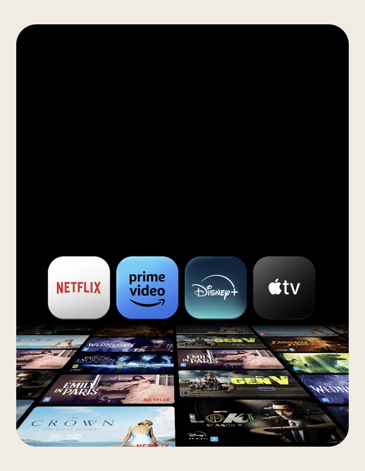 TV show thumbnails lay flat across the screen on a black background, and the following logos are above: Netflix, Prime Video, Disney+, Apple TV.