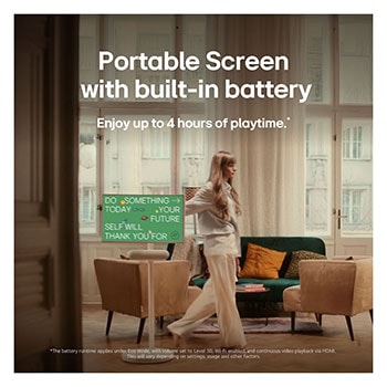 LG StanbyME 2 is hung on the wall to showcase its Motion Art Screen. Mood Maker is in use. An artwork is on display showing how it can be used as a stylish addition to any space.