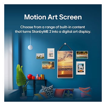 LG StanbyME 2 is on a table. Let's Draw is in use. A person is creating artwork using just their finger and the touchscreen. The text talks about how you can use your screen as a digital canvas and display artwork through the Always On Display.