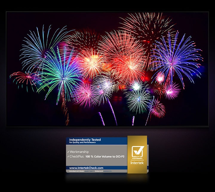 Dazzling and vibrantly colorful fireworks are on a TV screen. Logo certification is visible, Perfect Color Technology delivers color consistency levels greater than 99% up to 500 lux. Intertek certifications that show independent testing are also beside it.