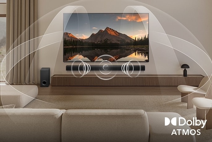 Dimly lit, cozy living room with an OLED LG TV with LG Soundbar. On the screen is a close-up of an electric guitar being played. Graphics show how Dolby Atmos fills the whole space with surround sound from all directions. Dolby Atmos logo is at the bottom corner.