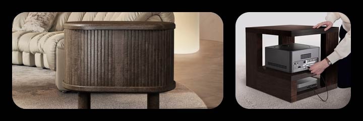 Scenes that show how the Zero Connect Box makes everything simple and convenient. In one scene, other peripheral devices are being connected to the Zero Connect Box that's under a side table. In the other scene, it shows how the Zero Connect Box can easily be hidden in a compartment of a side table with doors.