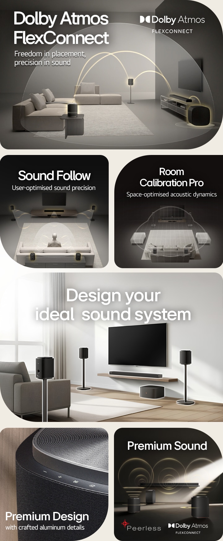 1) LG Sound Suite with Dolby Atmos FlexConnect technology detects each speaker’s location for optimized surround sound. 2) Top-down view of a surround sound system with Sound Follow technology for optimal sound wherever you go. 3) LG Sound Suite Room Calibration analyzes the space and speaker positions to deliver the best surround sound system 4) Close up of LG Sound Suite speaker with metallic silver and black premium design. 5) LG Sound Suite with Dolby Atmos 3D spatial audio and Peerless units for premium sound. 6) A modern living room with wall mounted TV and LG Sound Suite surround sound system with AI-driven spatial audio adaptation.