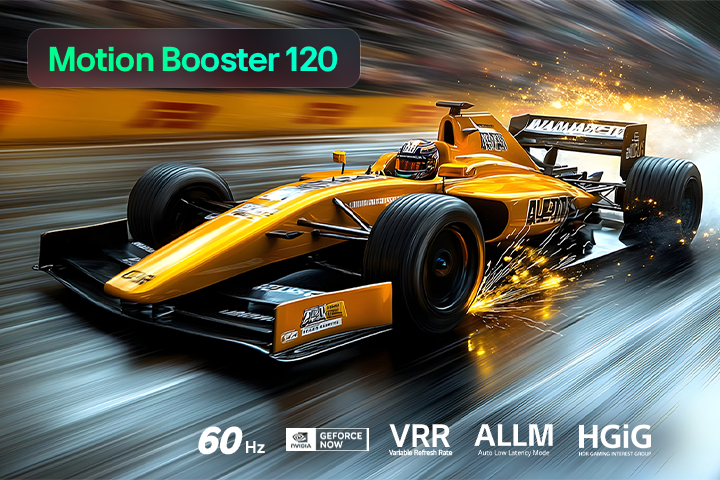 LG QNED evo AI QNED80 Mini LED for Ultimate Gameplay shows a high-speed racing scene with a comparison inset highlighting smoother motion through Motion Booster 120, while supporting 60Hz, VRR, AMD FreeSync, ALLM, HGiG, and GeForce NOW.