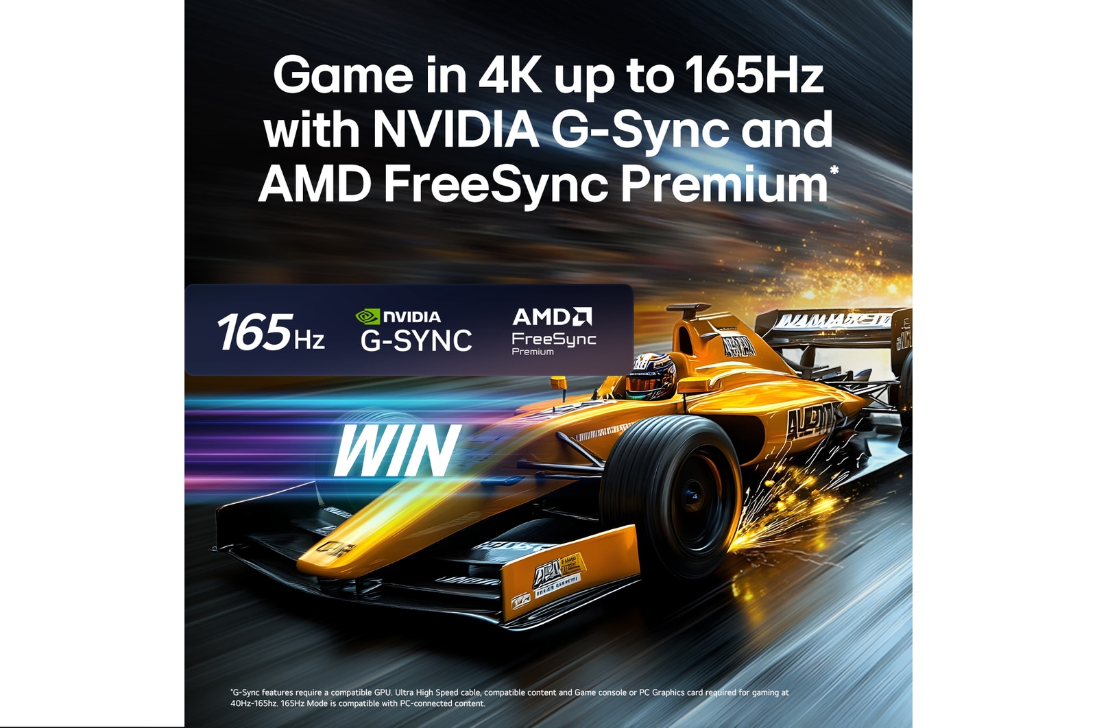 LG OLED evo AI C6 for Unbeatable Gameplay in 4K 165Hz shows a high-speed racing game with a yellow open-wheel car in motion, bold “WIN” text on screen, and NVIDIA G-SYNC and AMD FreeSync Premium logos at the top.