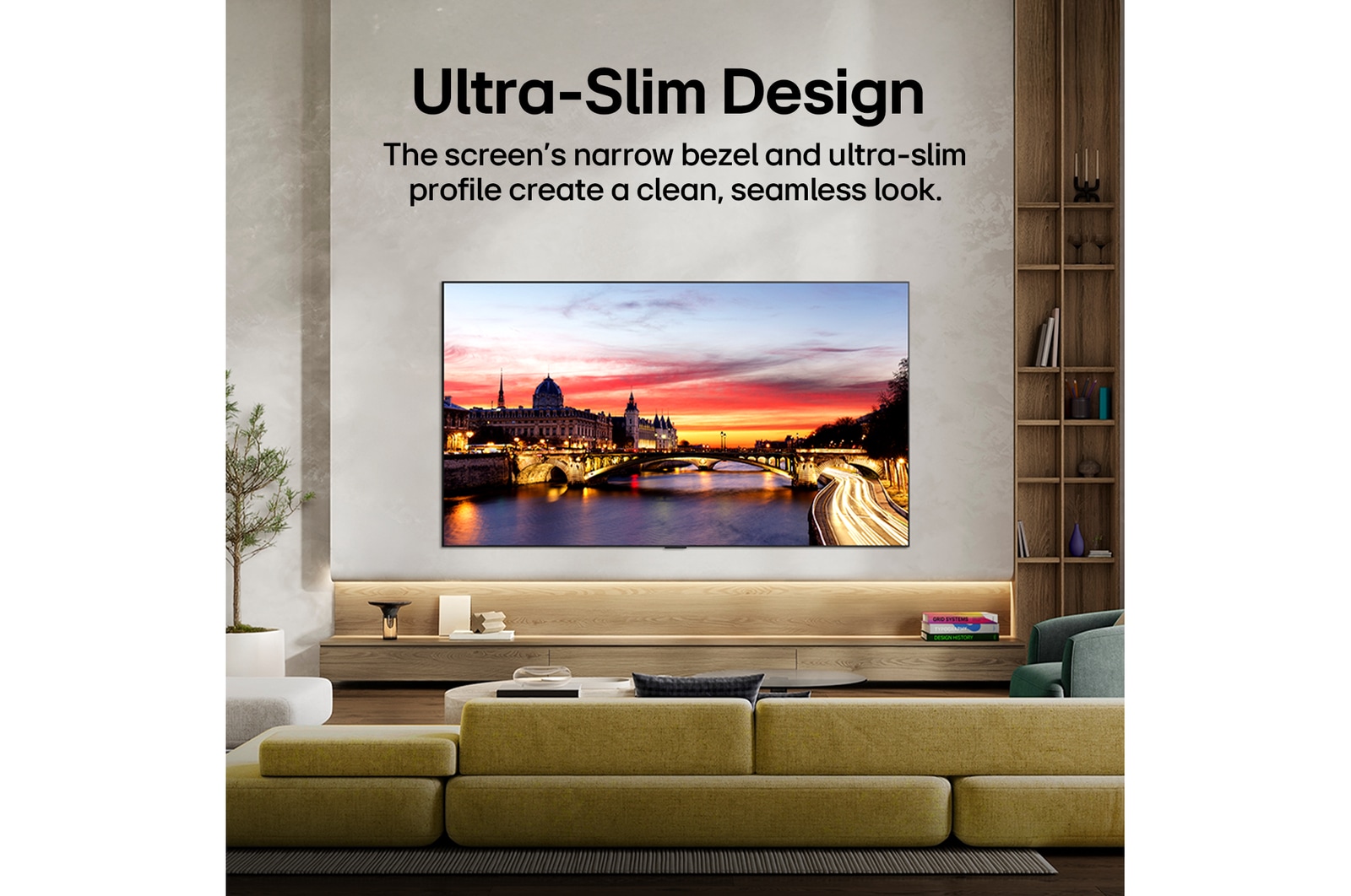LG OLED evo AI C6 is wall-mounted in a styled living space, featuring an ultra-slim design with narrow bezels, and it displays a riverside cityscape at sunset on screen.