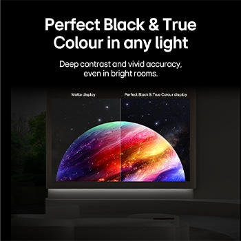 LG OLED evo AI C6 shows a split-screen planet-and-stars scene, comparing an anti-glare matte display with its Perfect Black & Perfect Color display for clearer picture quality in any light, supported by UL certification and Intertek certifications for color volume and color fidelity.
