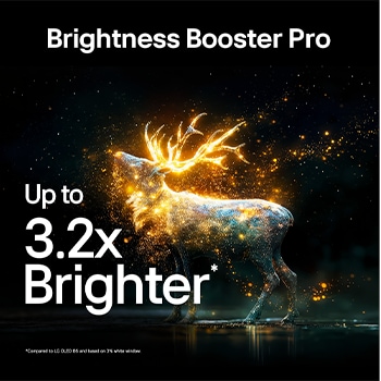 LG OLED evo AI C6 with Brightness Booster Pro shows a dark scene where glowing particles surrounding a deer silhouette, delivering up to 3.2x brighter peak brightness with higher luminance and clearer detail.