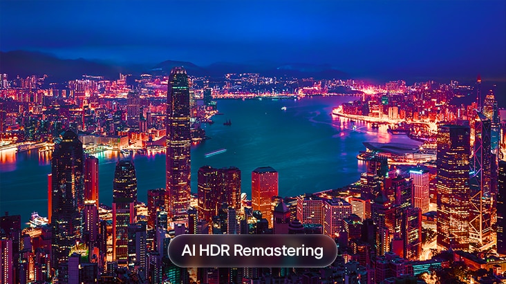 LG OLED evo AI C6 with AI HDR Remastering is shown, displaying brighter city lights, deeper contrast, and more vivid detail across the scene.