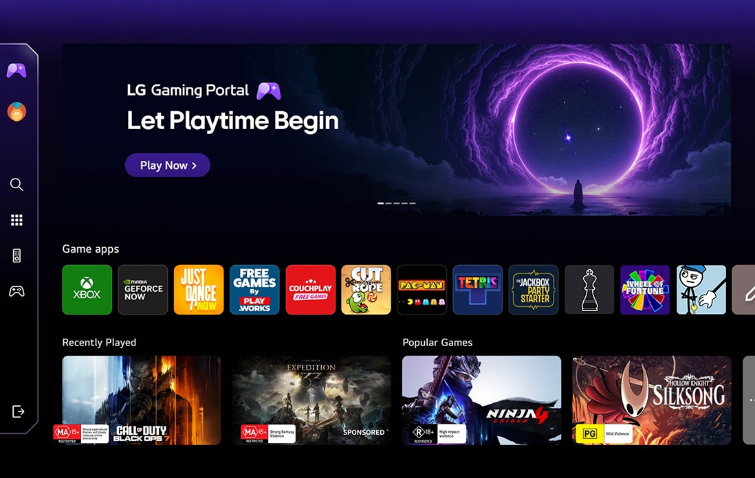 LG QNED AI QNED70 Mini LED features the LG Gaming Portal with a gaming hub layout, combining featured content and game tiles in a unified interface that expands to provide access to GeForce NOW and webOS game apps.