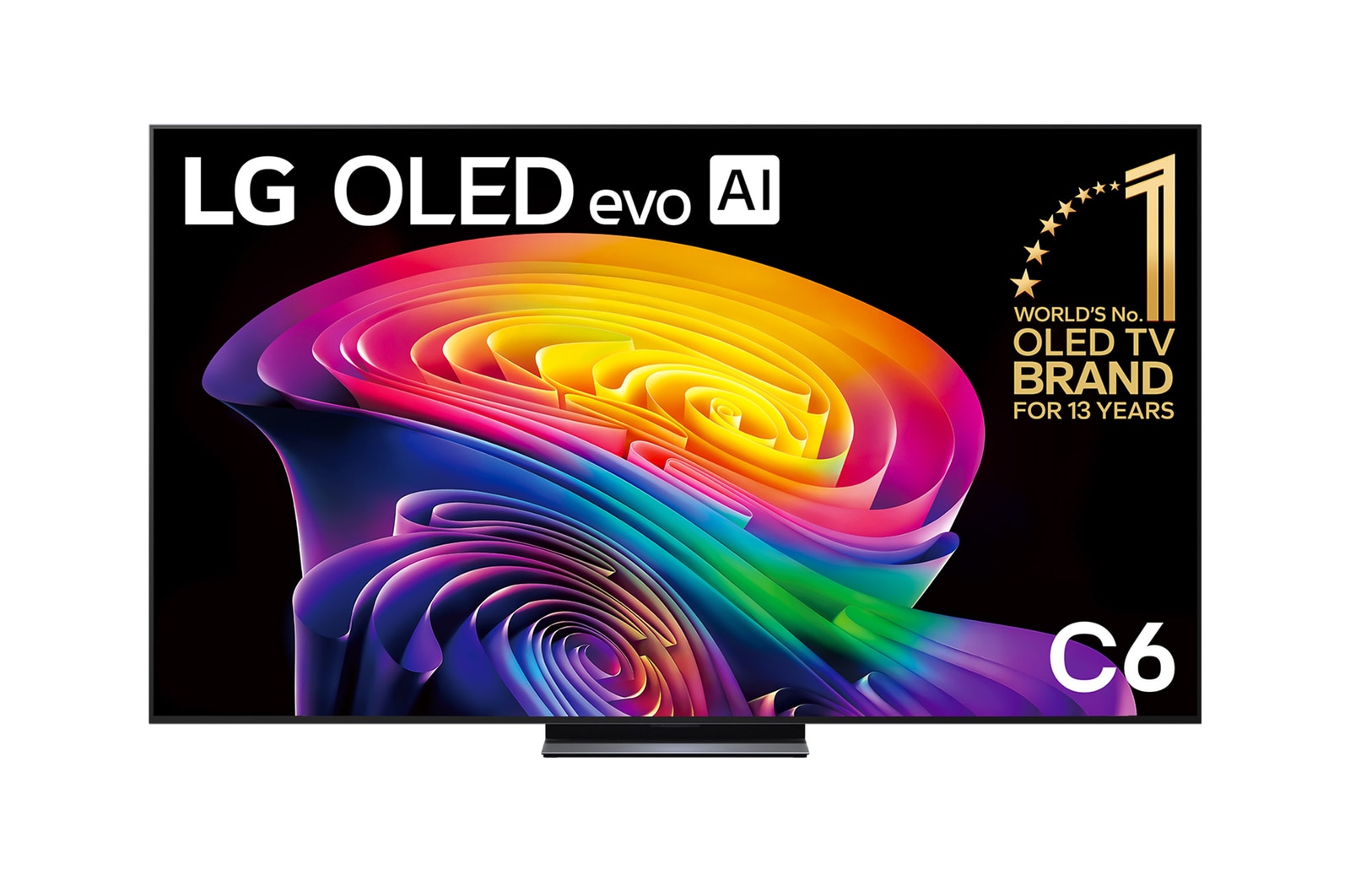 The front view of the LG OLED evo AI C6, released in 2026, displays an image of layered, multicolored forms, featuring Hyper Radiant Color Tech, Perfect Black & Perfect Color, along with the World’s No.1 OLED TV for 13 Years badge.